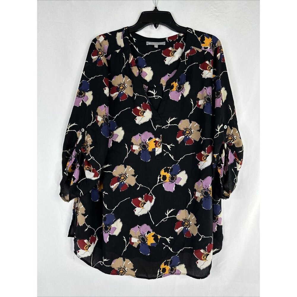 Daniel Rainn Tunic Top Womens Plus Size 1X Black Floral 3/4 Sleeve Roll Tab